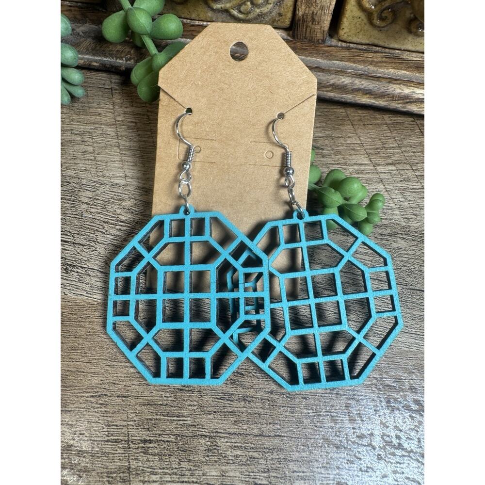 Laser Cut Wooden Geometric Design Dangle Earrings Boho Style Lightweight Teal